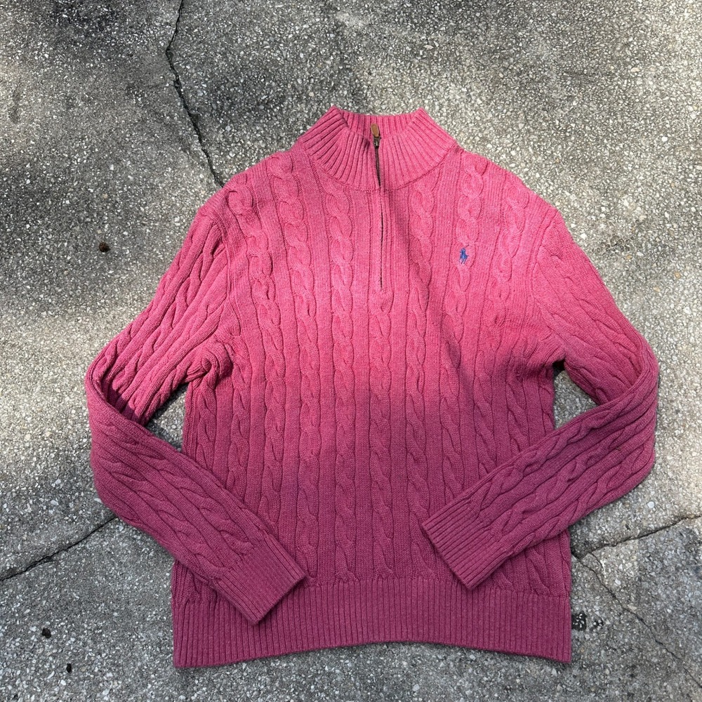 Polo Ralph Lauren Mens XL Pink Cable Knit Quarter Zip Sweater Blue Pony Logo